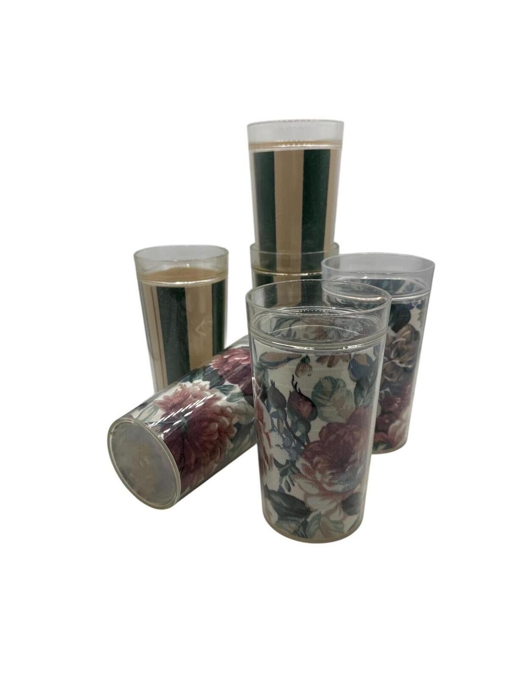 Large Vintage Insulated Tumblers Plastic Drinking Glasses Set of 6 Two Patterns